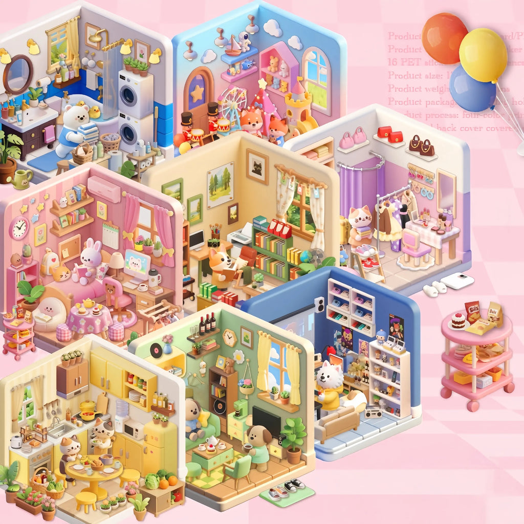 Finished miniature room scenes from Mini House Builder 3D Scene Sticker Book collection