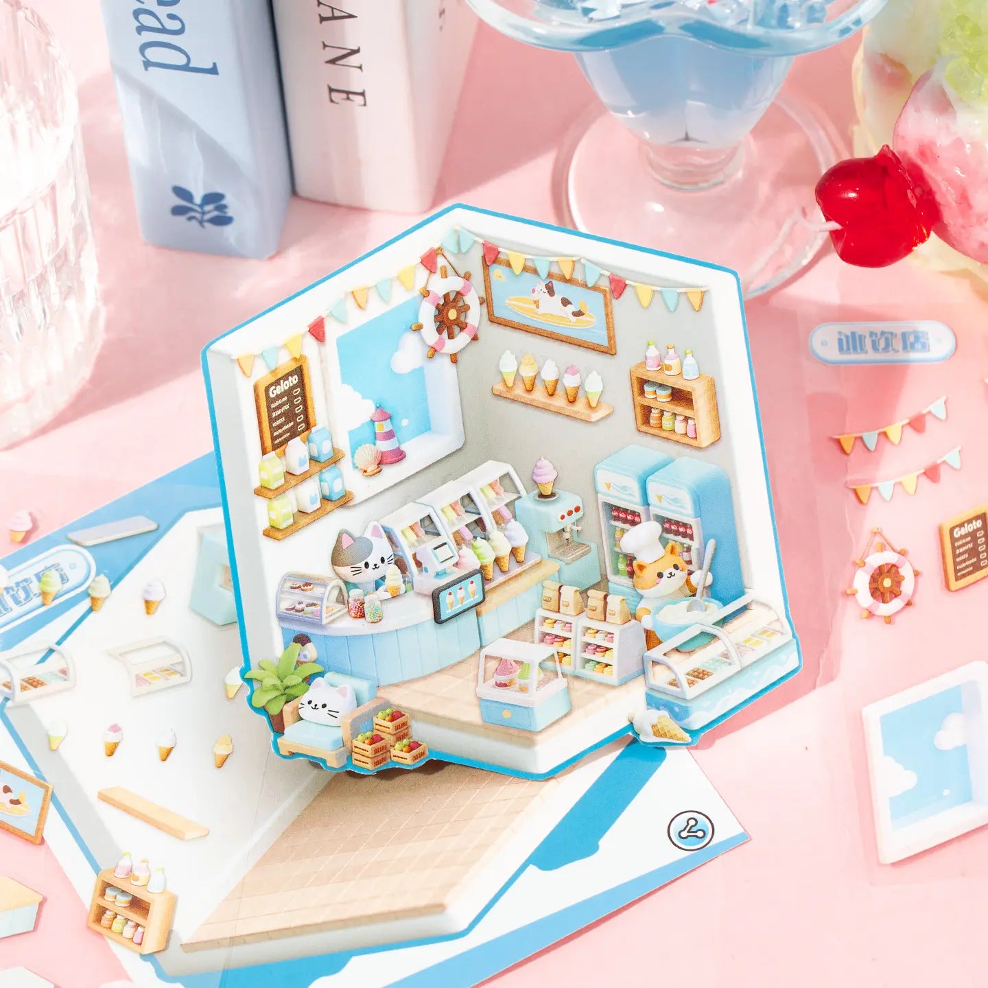 Finished ice cream room scene from Mini House Builder 3D Scene Sticker Book