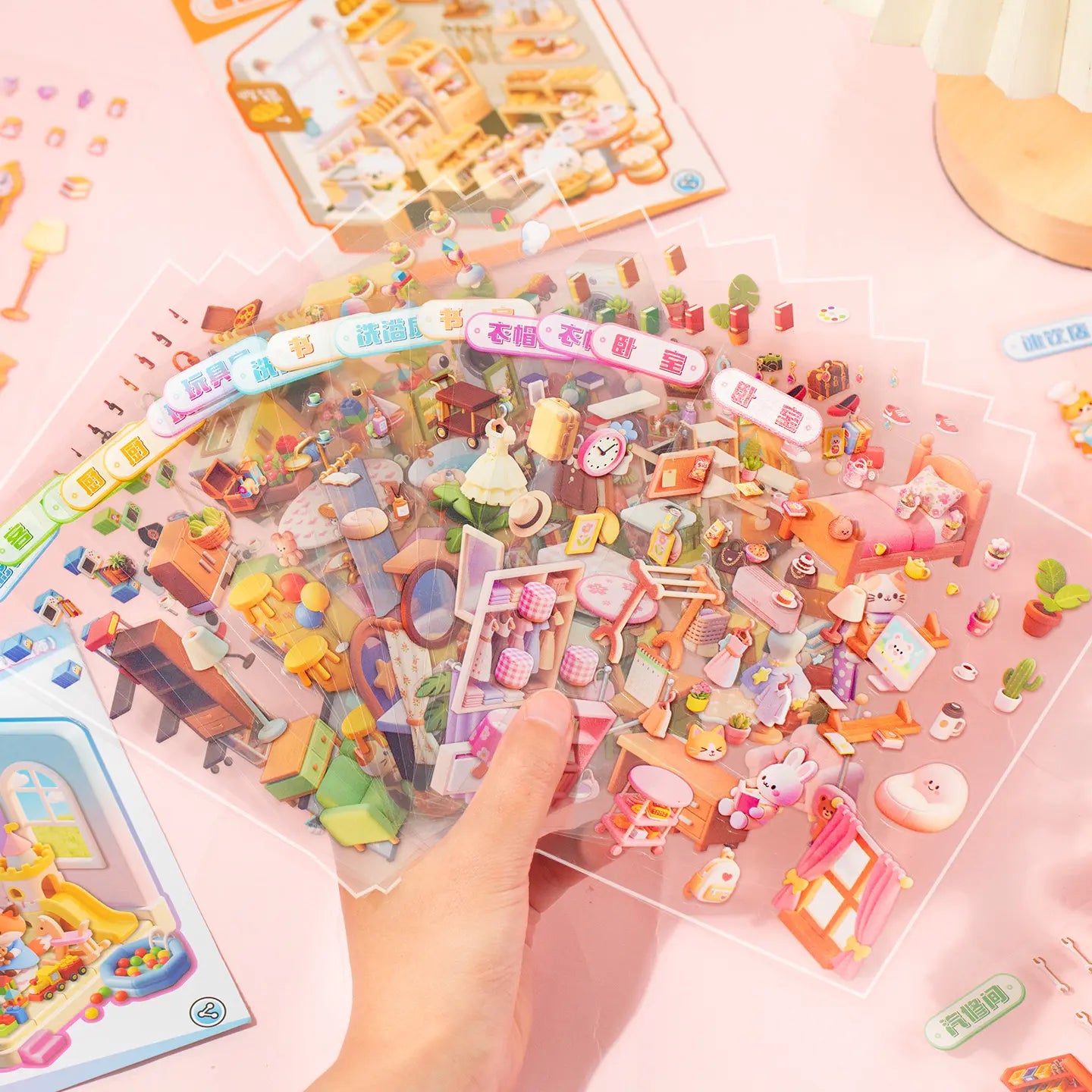 Die-cut PET sticker sheets for Mini House Builder 3D Scene Sticker Book with room furniture and decoration pieces