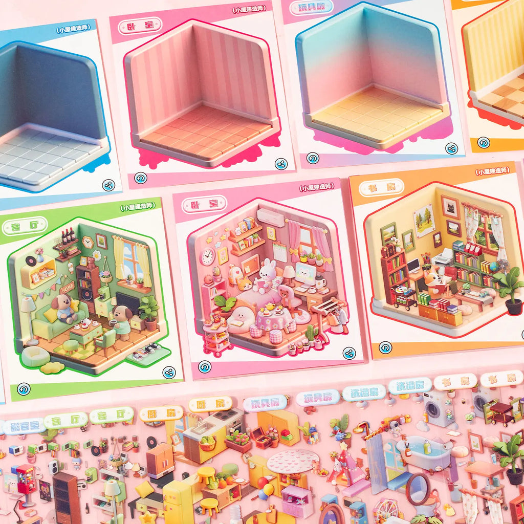 Room scene cards and PET sticker details from Mini House Builder 3D Scene Sticker Book