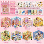 Mini House Builder 3D Scene Sticker Book contents with 16 die-cut PET sticker sheets and 8 room scenes