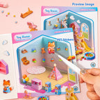 Placing PET stickers onto a toy room scene card from Mini House Builder 3D Scene Sticker Book