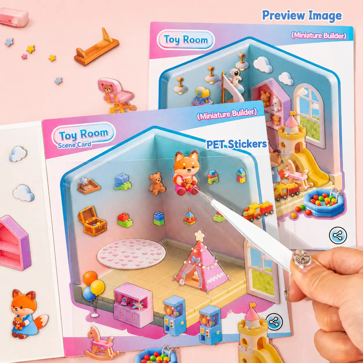 Placing PET stickers onto a toy room scene card from Mini House Builder 3D Scene Sticker Book