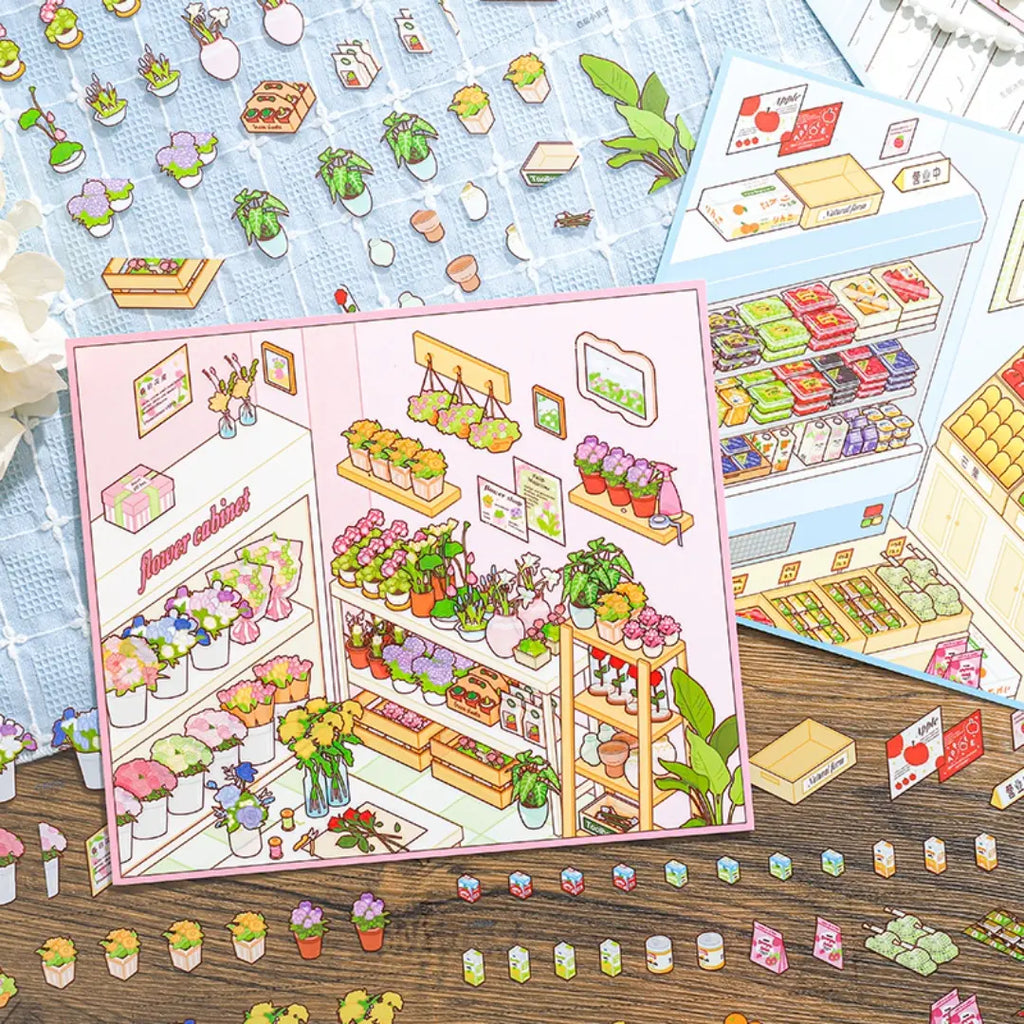 Finished Romantic Flower Shop 3D scene card with flower stickers and mini shop details