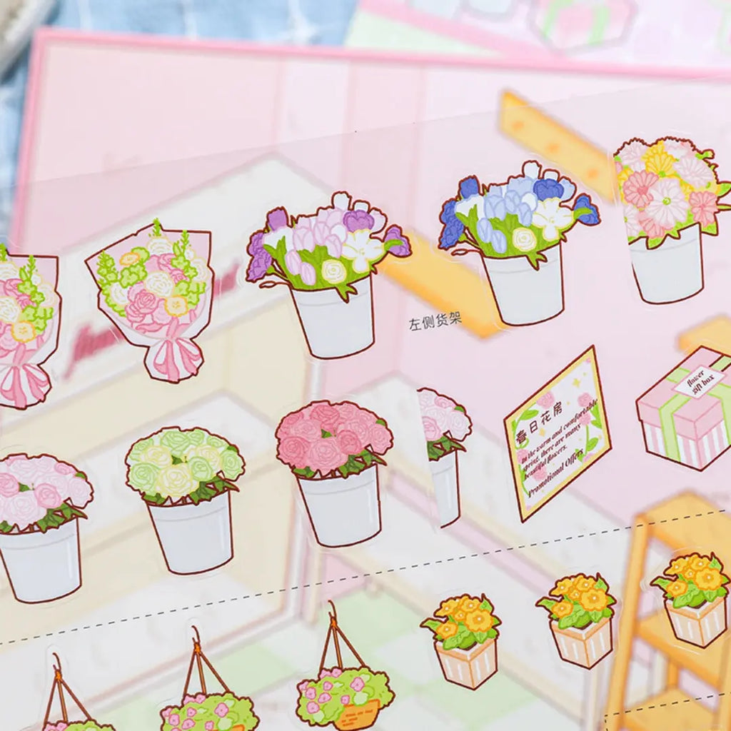 Close-up of Romantic Flower Shop PET sticker sheet with flower bouquets, plants, and decorative pieces