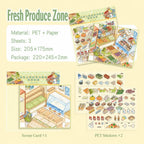 Fresh Produce Zone 3D Scene Sticker Kit with scene card, PET sticker sheets, size, and material details