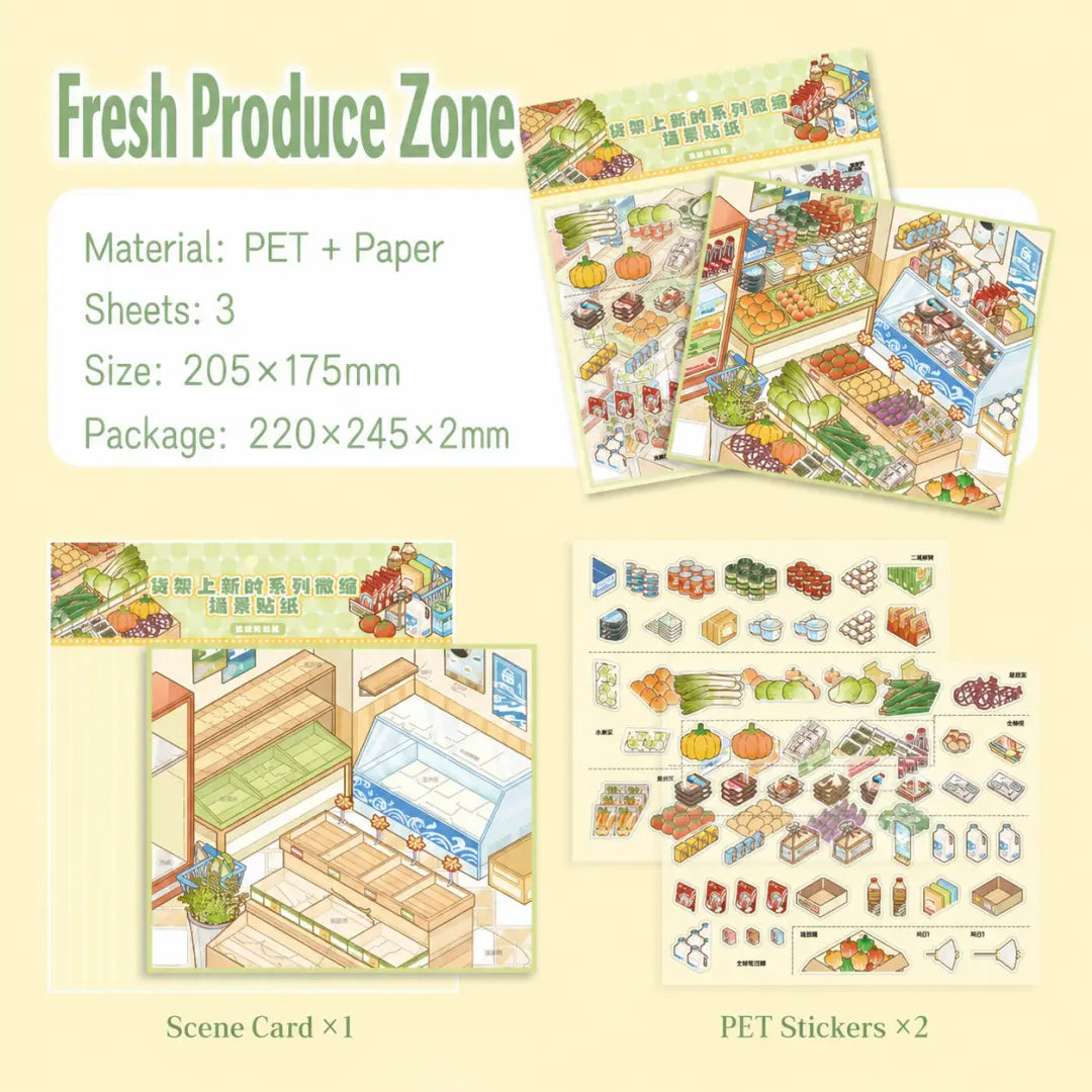 Fresh Produce Zone 3D Scene Sticker Kit with scene card, PET sticker sheets, size, and material details
