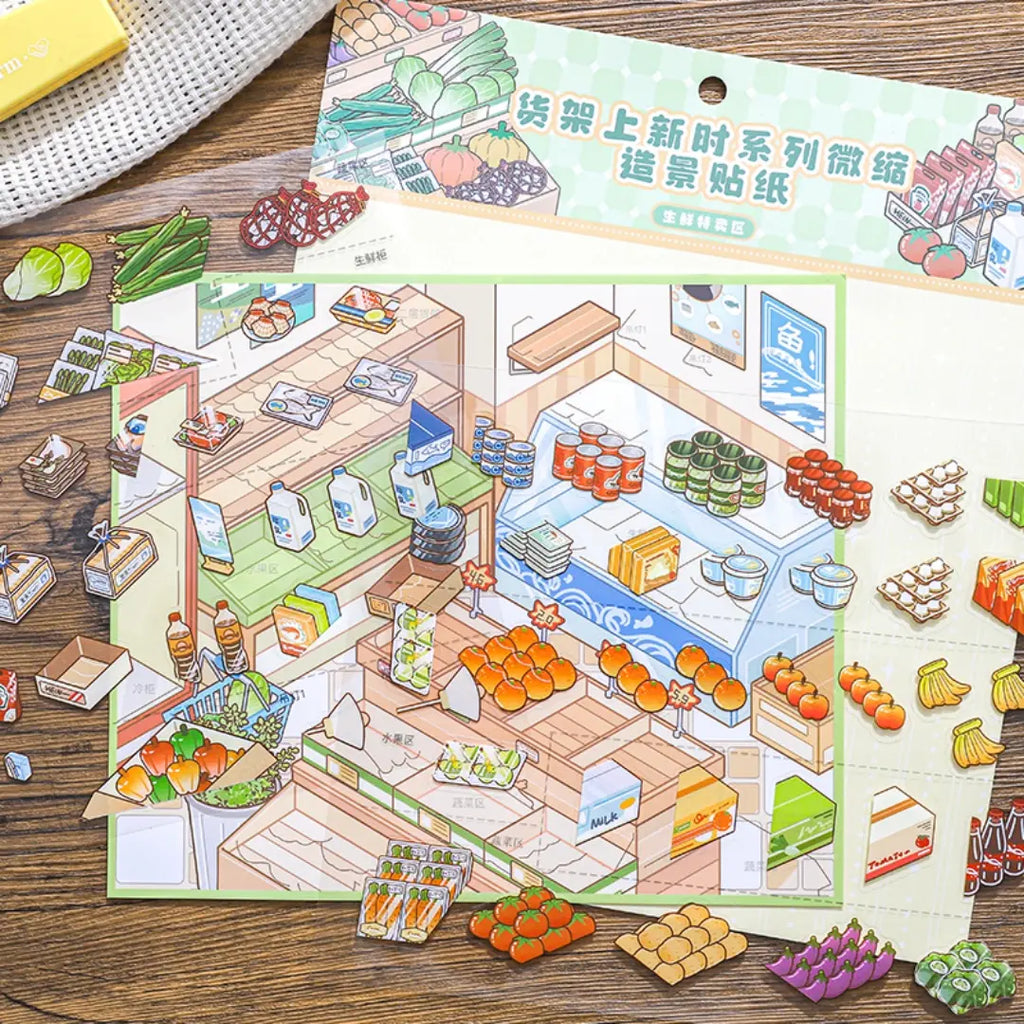 Finished Fresh Produce Zone 3D scene card with mini grocery shelves, vegetables, fruit, and shop details