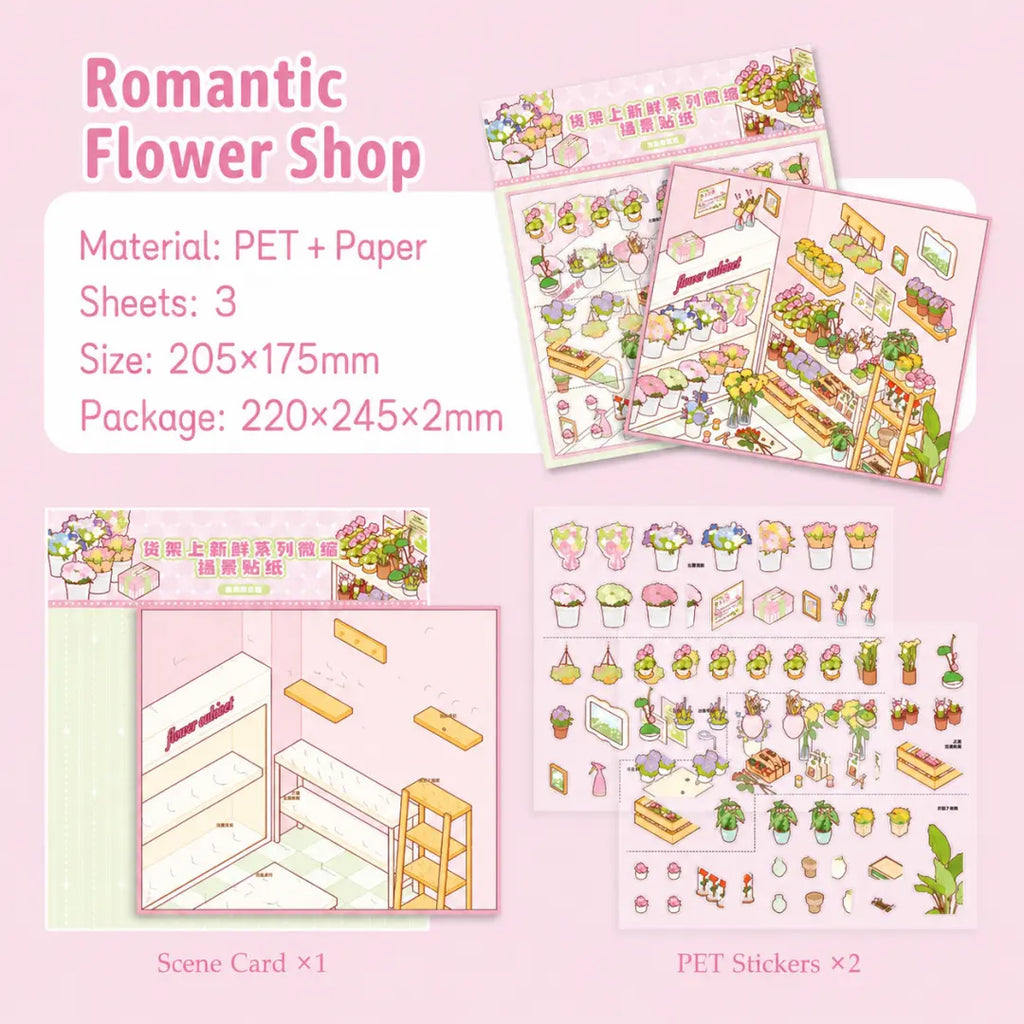 Romantic Flower Shop 3D Scene Sticker Kit with scene card, PET sticker sheets, size, and material details