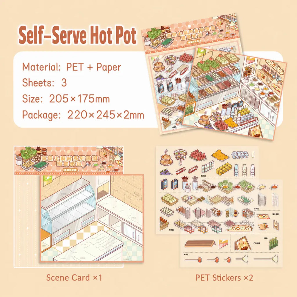 Self-Serve Hot Pot 3D Scene Sticker Kit with scene card, PET sticker sheets, size, and material details