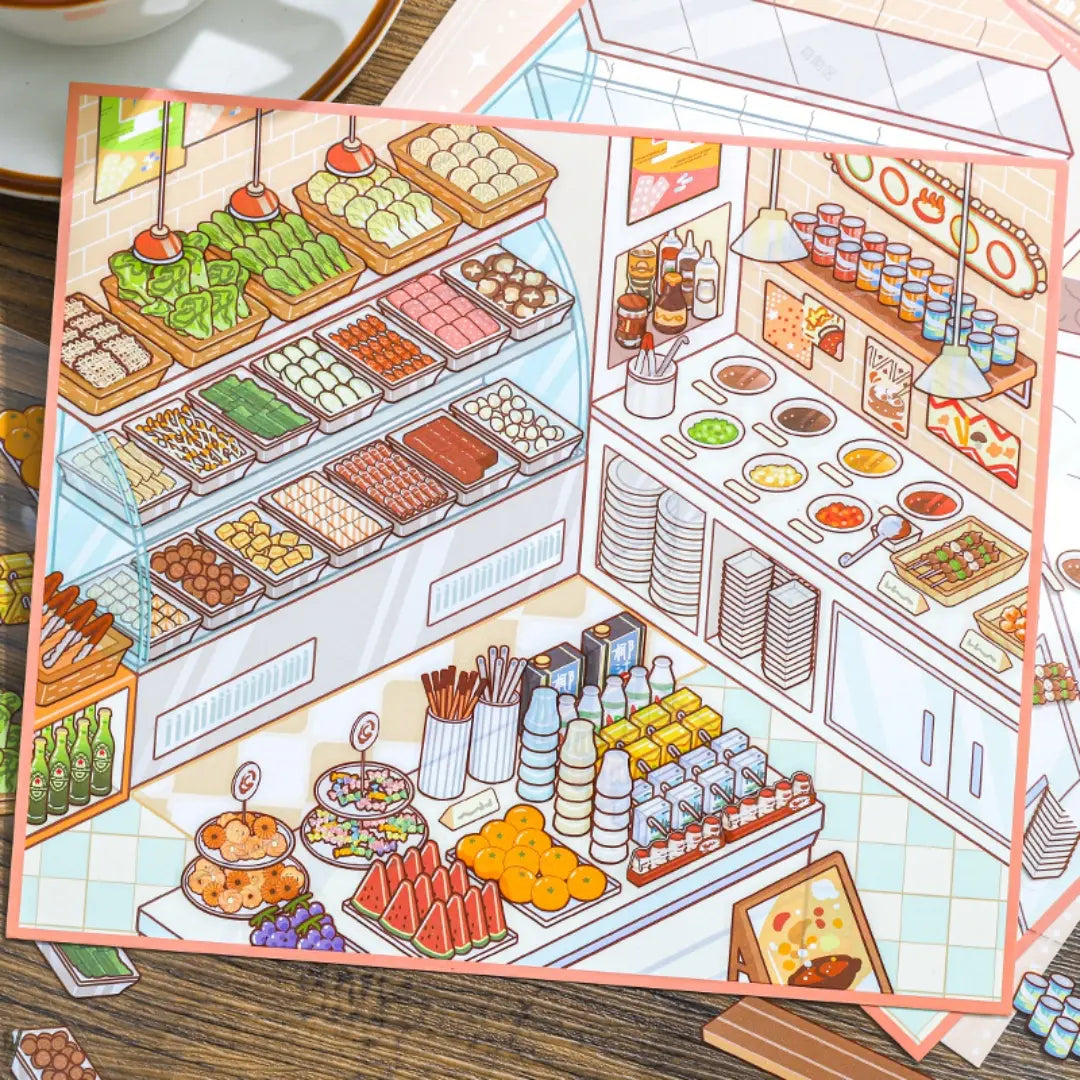 Finished Self-Serve Hot Pot 3D scene card with food counters, ingredients, and mini restaurant details