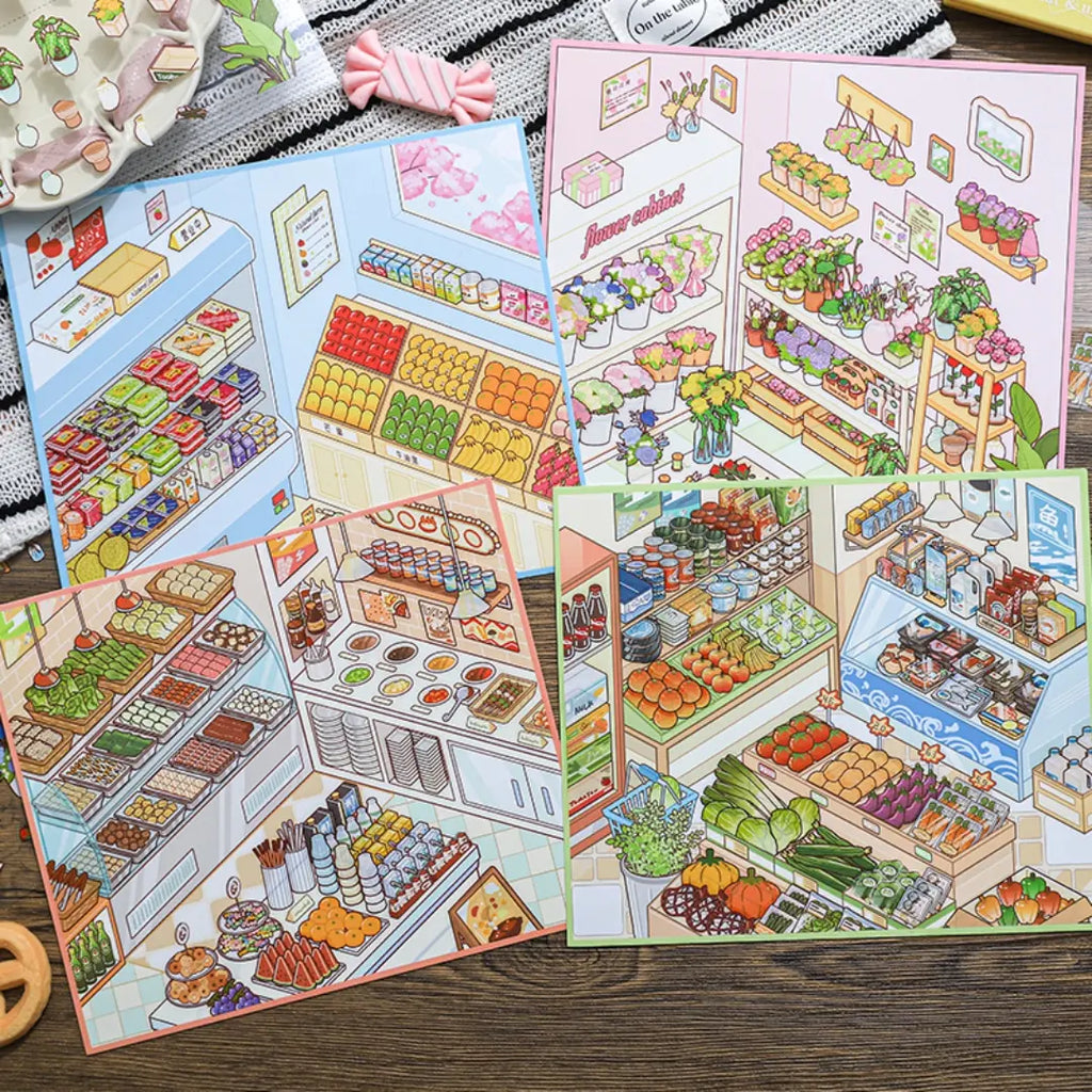 Mini Shop 3D Scene Sticker Kit Set with four designs including flower shop, produce shop, fruit shop, and self-serve hot pot