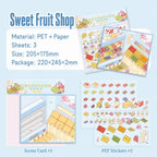 Sweet Fruit Shop 3D Scene Sticker Kit with scene card, PET sticker sheets, size, and material details