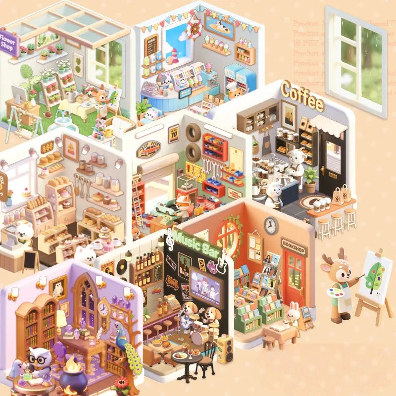 Overview of the Mini Store Owner sticker book with apothecary, bakery, bookstore, coffee shop, ice cream shop, flower shop, music bar, and repair shop scenes