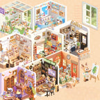 Overview of the Mini Store Owner sticker book with apothecary, bakery, bookstore, coffee shop, ice cream shop, flower shop, music bar, and repair shop scenes