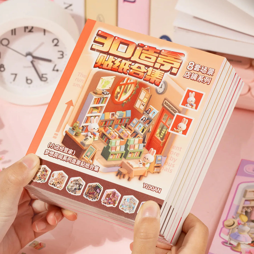 Mini Store Owner 3D Scene Sticker Book held in hand with bookstore cover and colorful scene pages