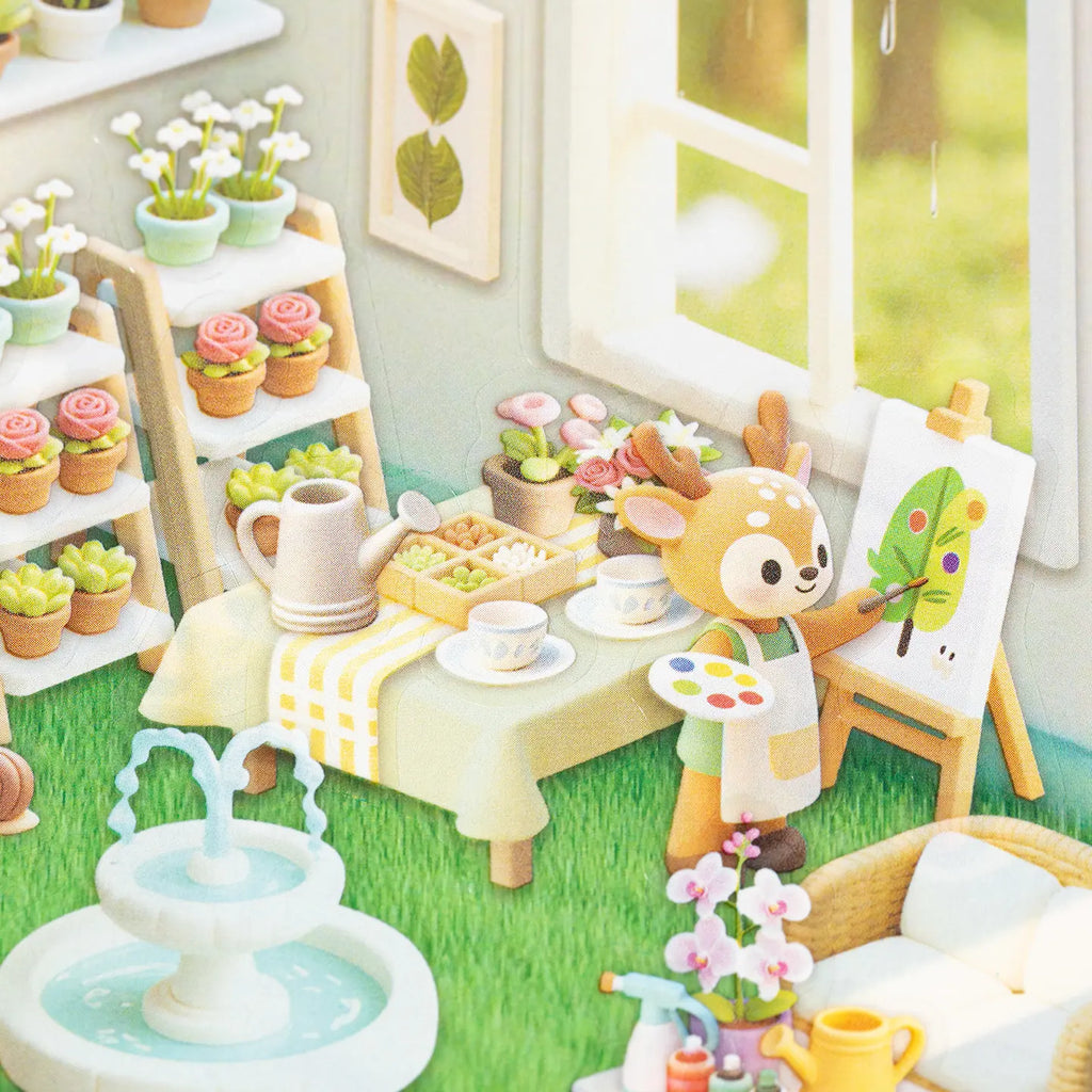 Close-up of the flower shop scene with a deer painting at an easel and tiny plant details