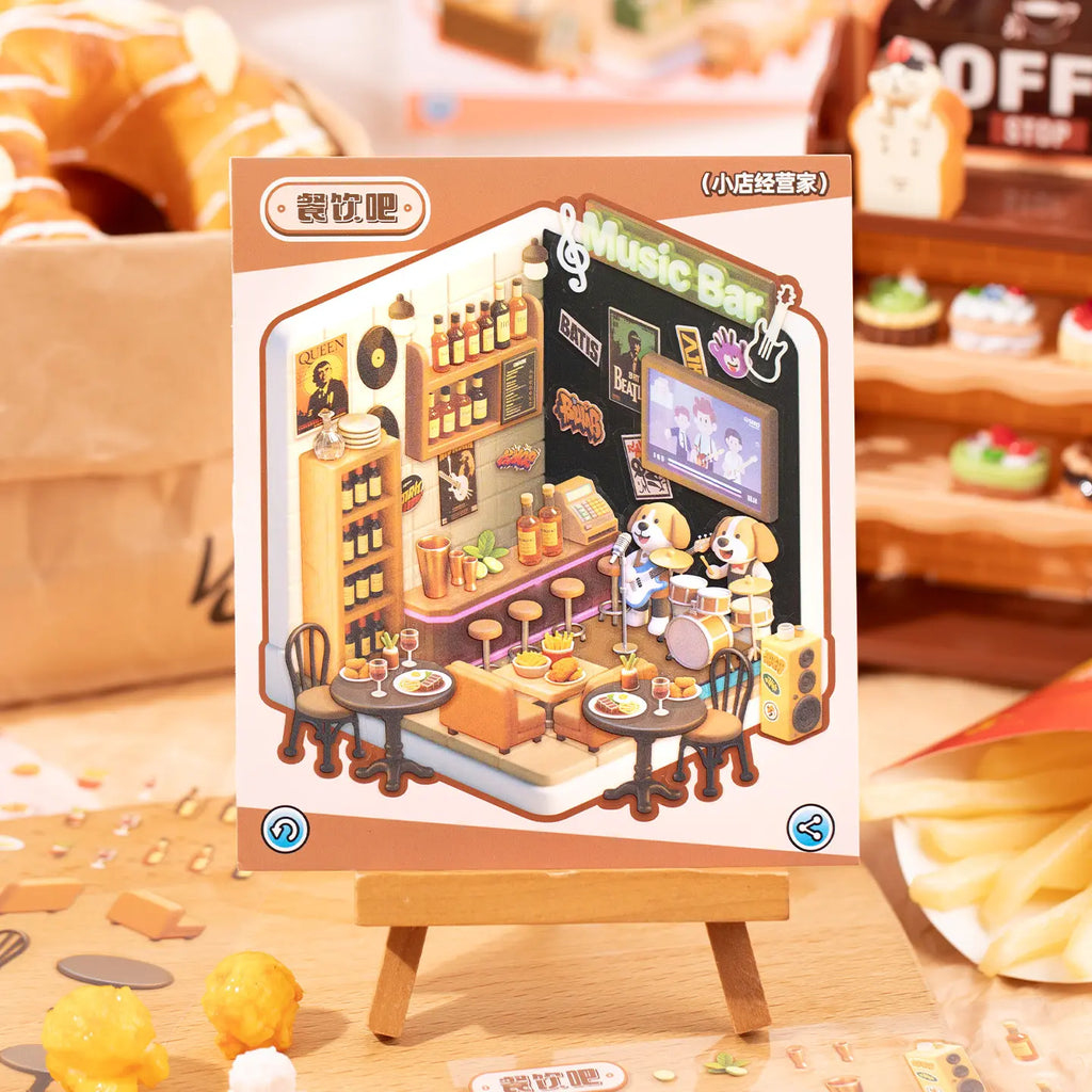 Finished music bar scene card from the Mini Store Owner 3D Scene Sticker Book displayed on a small easel
