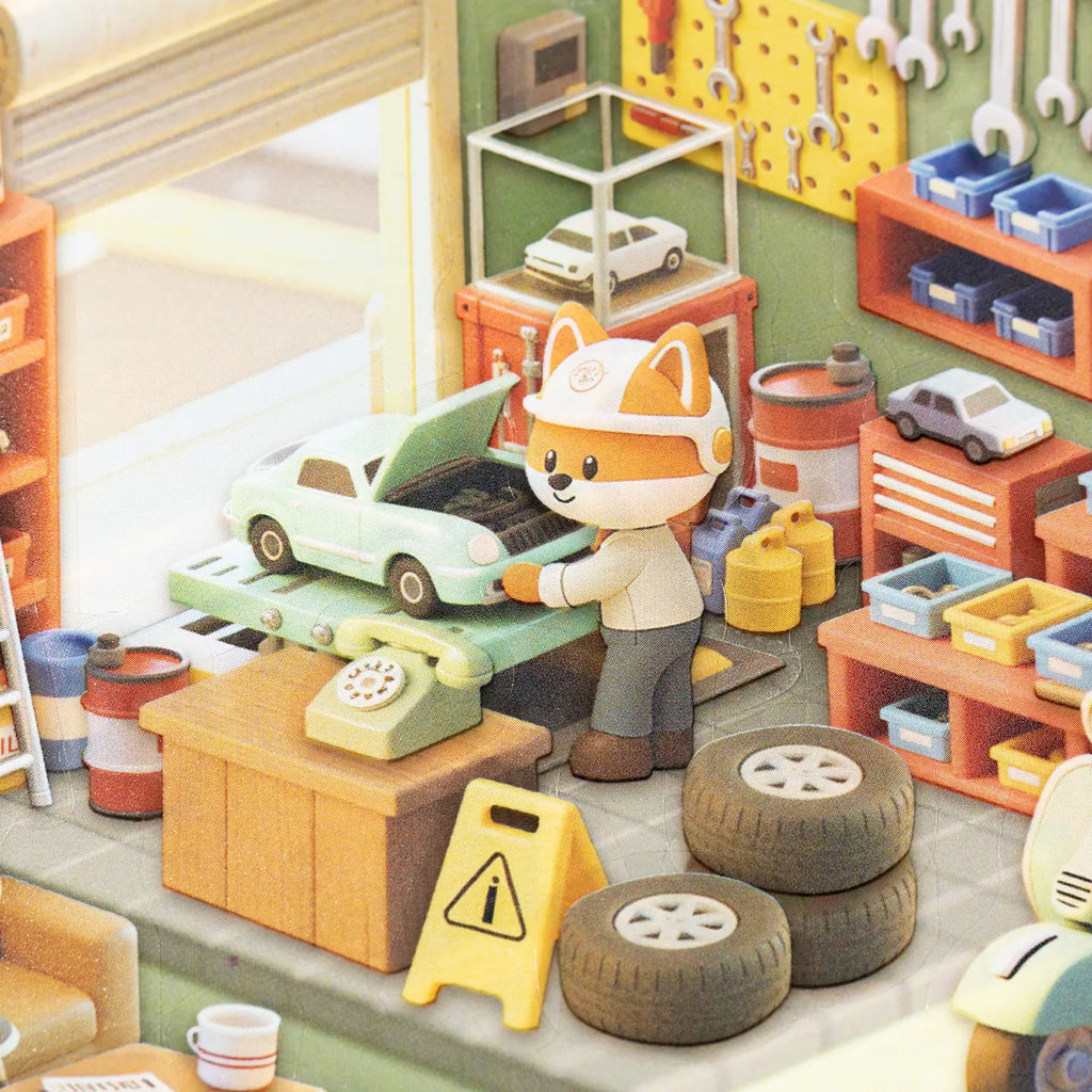 Close-up of the repair shop scene with a mechanic, toy car, tools, tires, and garage details