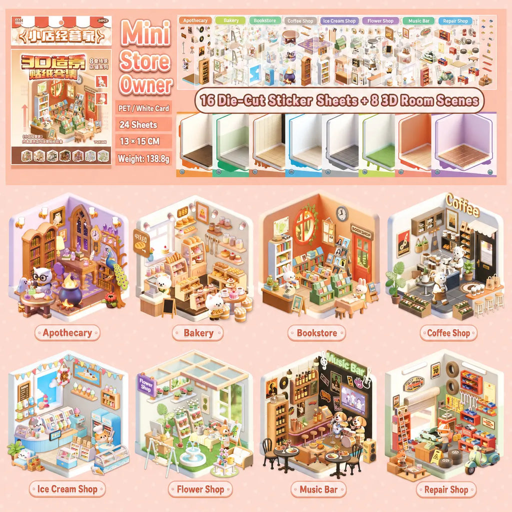 Mini Store Owner 3D Scene Sticker Book contents showing 16 die-cut PET sticker sheets and 8 room scene cards
