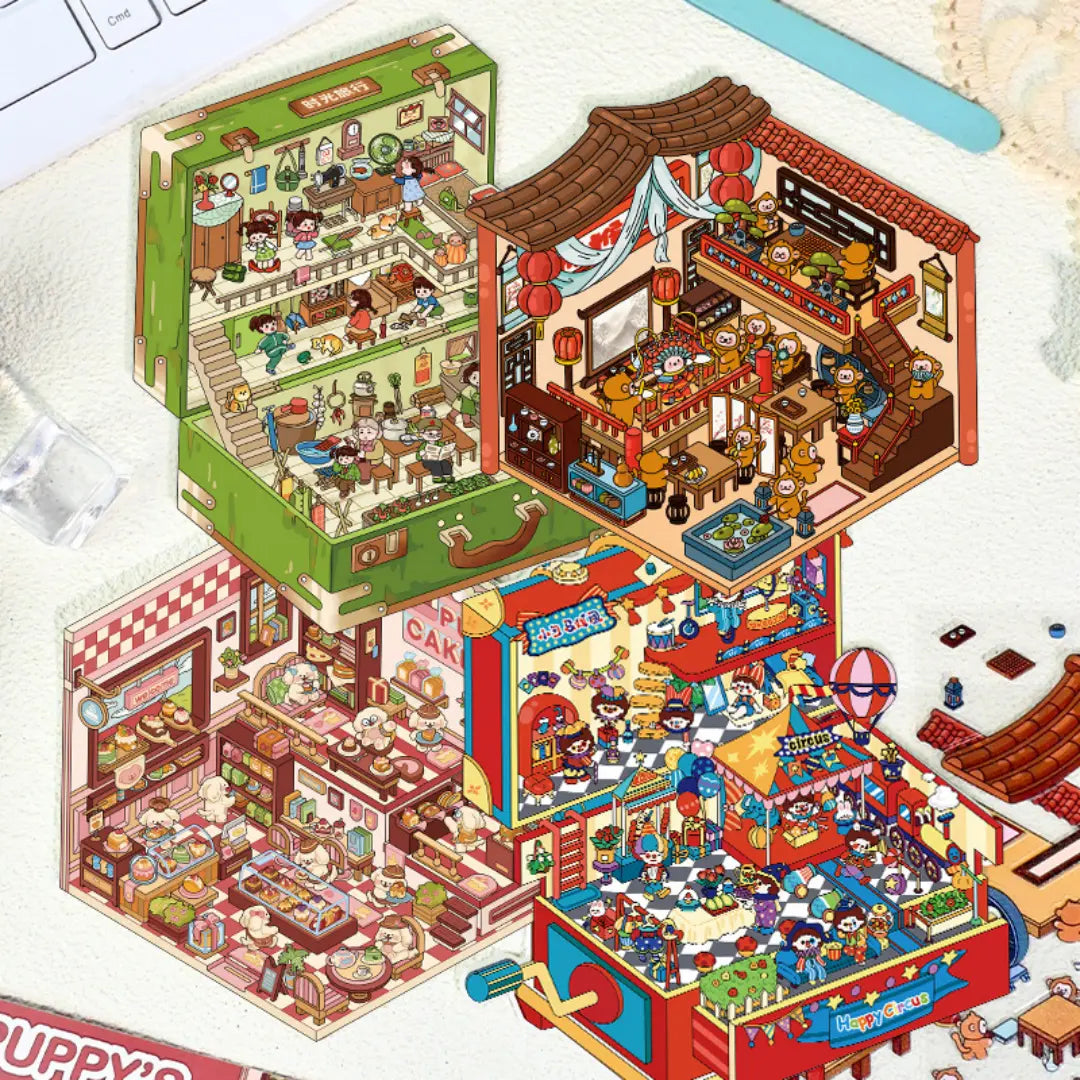 Mini Story Rooms 3D scene sticker kit set showing four finished miniature scenes including a tea house, cake shop, circus, and travel room