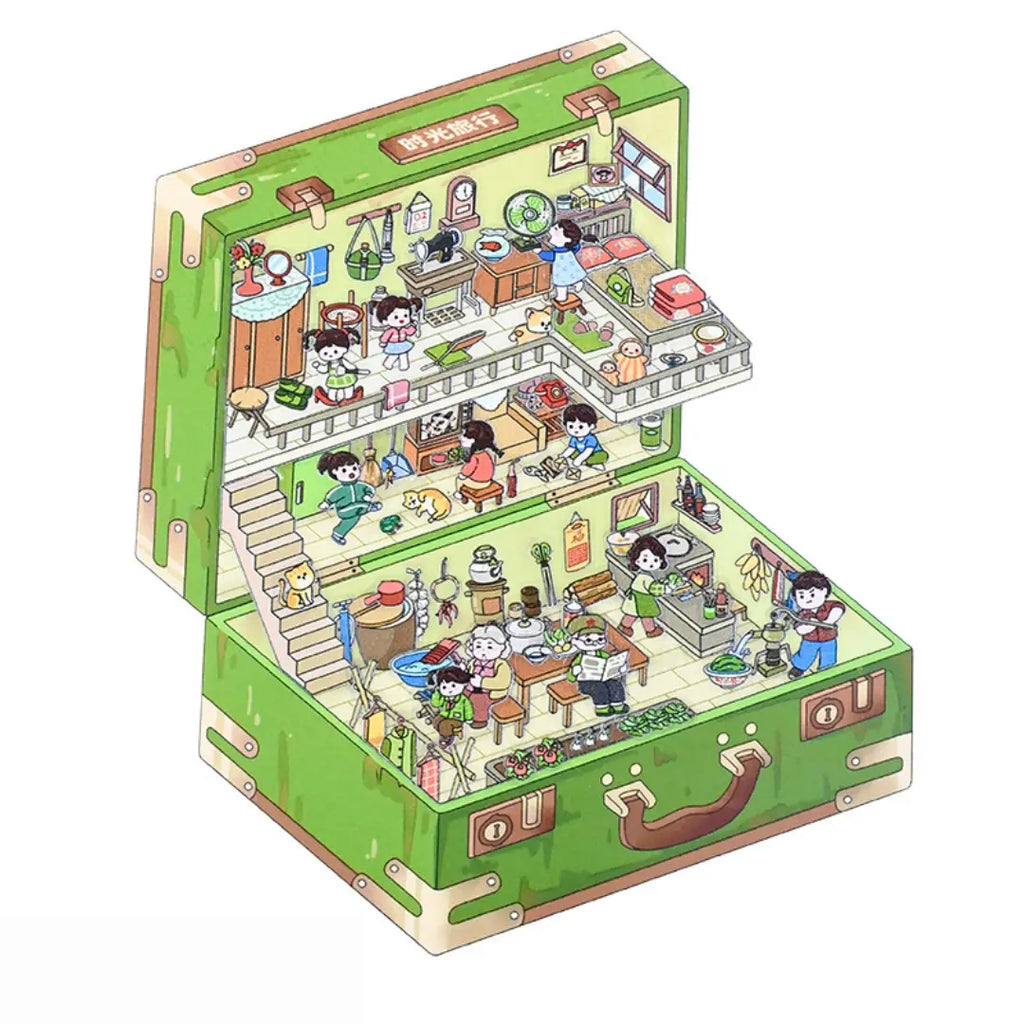 Green travel-room 3D-look scene sticker with suitcase-style walls, stairs, home furniture, family characters, and daily room details