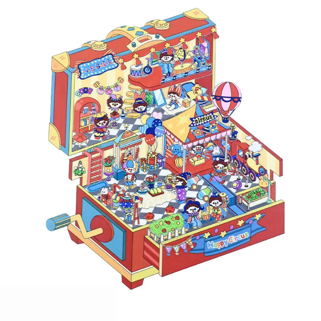 Happy Circus 3D-look scene sticker with a colorful stage, circus tent, balloons, train, clowns, and performance details
