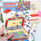 Hand holding Happy Circus scene sticker kit pieces with background card and pre-cut sticker elements