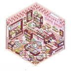 Puppy cake shop 3D-look scene sticker with pink checker walls, dessert counters, shelves, tables, and puppy characters