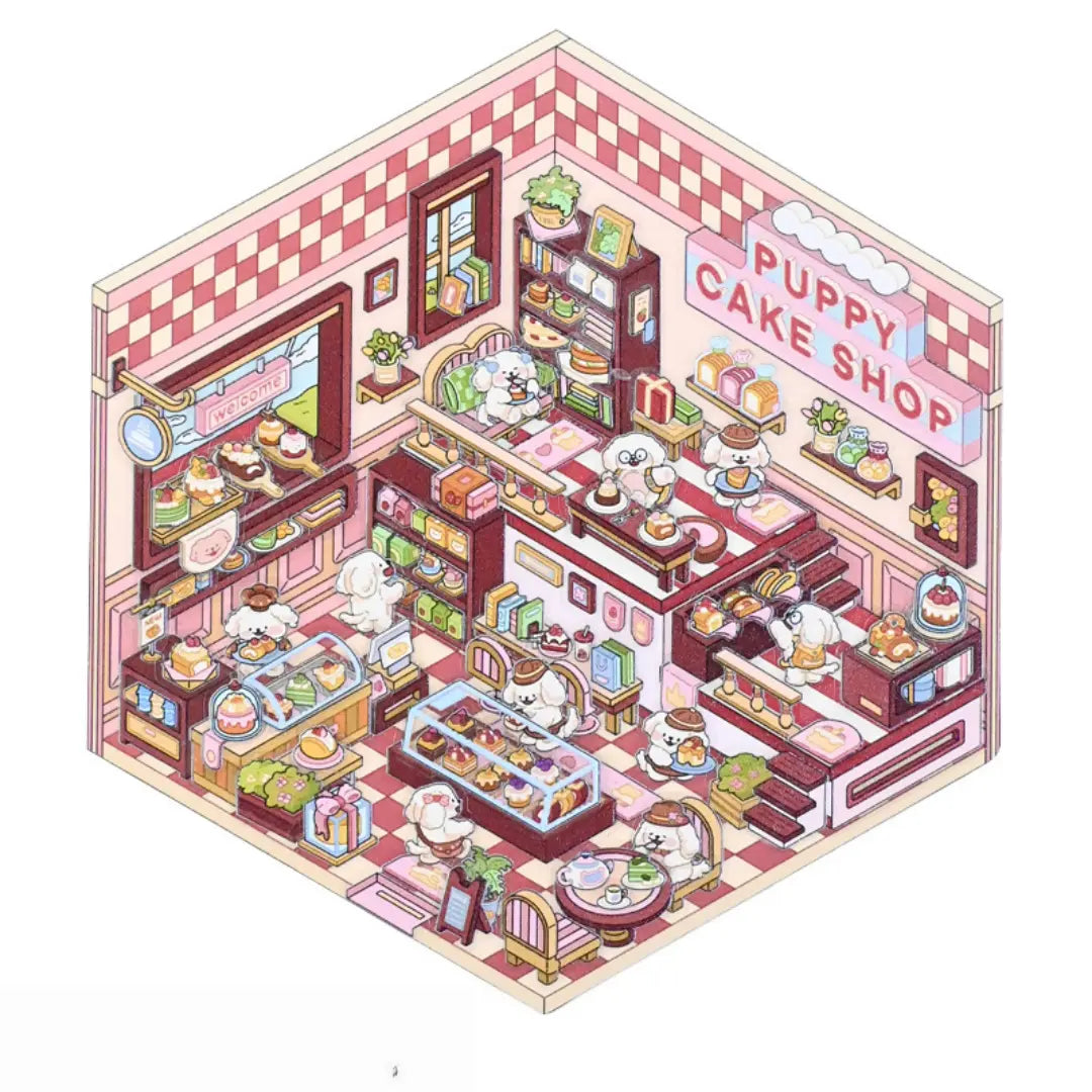Puppy cake shop 3D-look scene sticker with pink checker walls, dessert counters, shelves, tables, and puppy characters