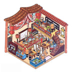 Traditional tea house 3D-look scene sticker with red lanterns, stairs, tables, display shelves, and monkey characters