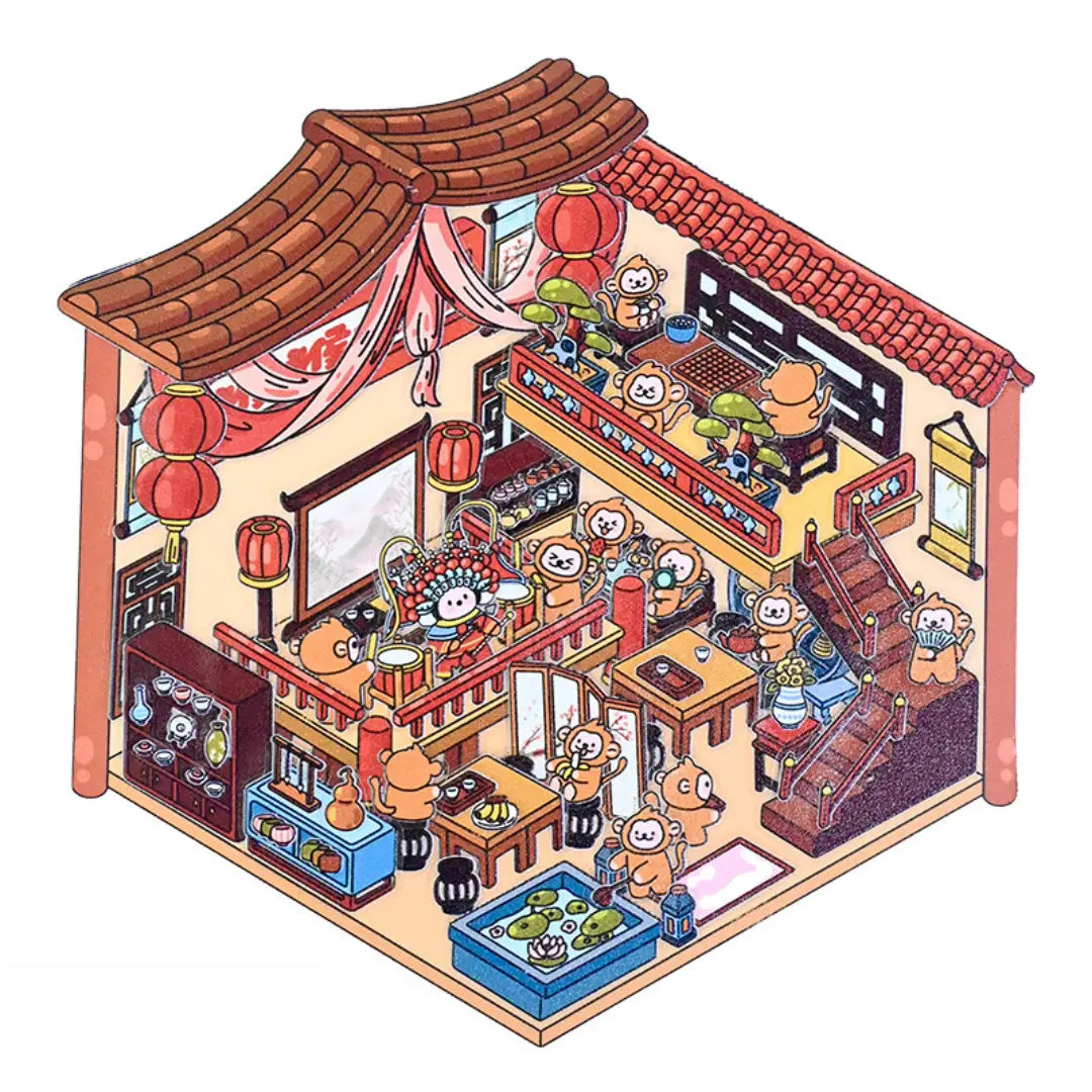 Traditional tea house 3D-look scene sticker with red lanterns, stairs, tables, display shelves, and monkey characters
