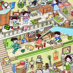 Close-up of a pre-cut character sticker being placed on the green travel-room scene with tweezers
