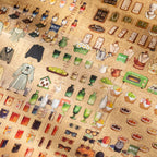 Miniature vintage shop sticker elements including glassware, clothing, jewelry, fruit, and accessories