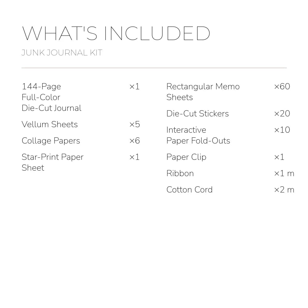 English contents list for the Misty Reverie Junk Journal Kit with included item names and quantities