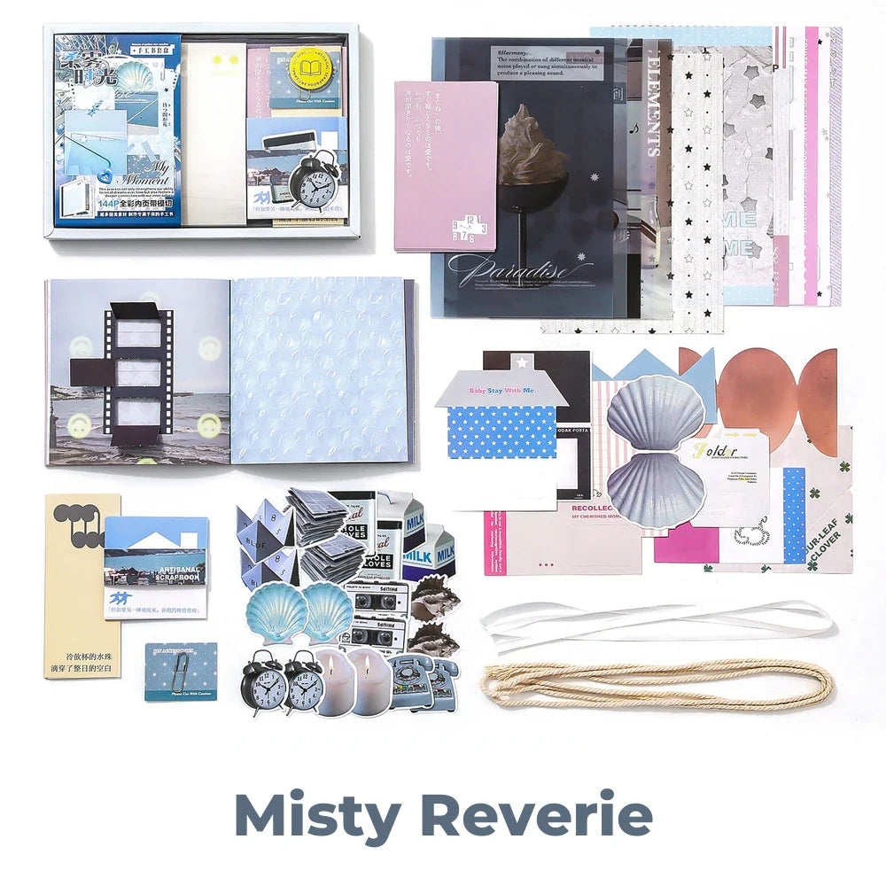 Misty Reverie Junk Journal Kit flat lay showing the coordinated papers, ephemera, stickers, and craft embellishments included in the set
