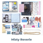 Misty Reverie Junk Journal Kit flat lay showing the coordinated papers, ephemera, stickers, and craft embellishments included in the set