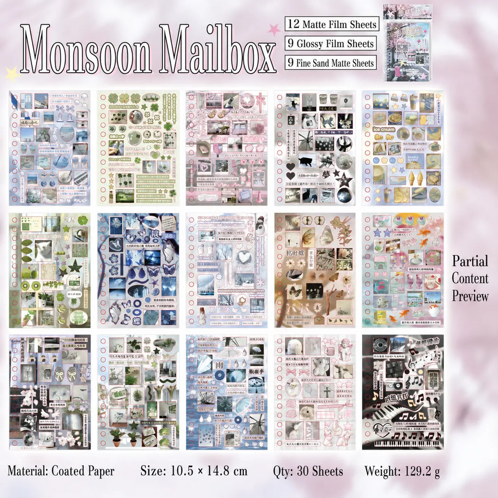Monsoon Mailbox journaling sticker sheets with matte, glossy, and fine sand matte designs