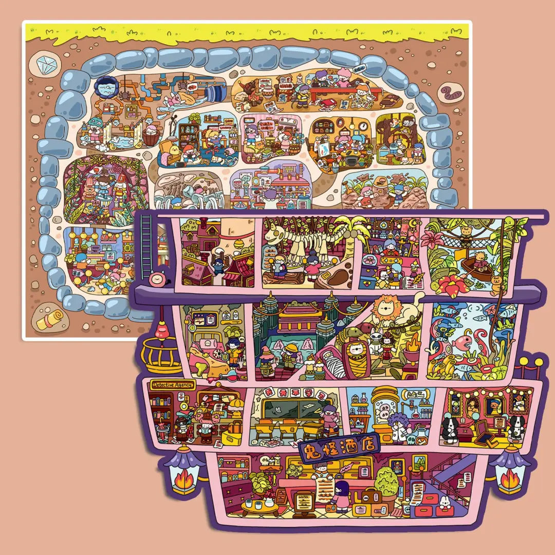 Monster Hotel and Star Apartment 3D-look scene sticker kits displayed together on a peach background