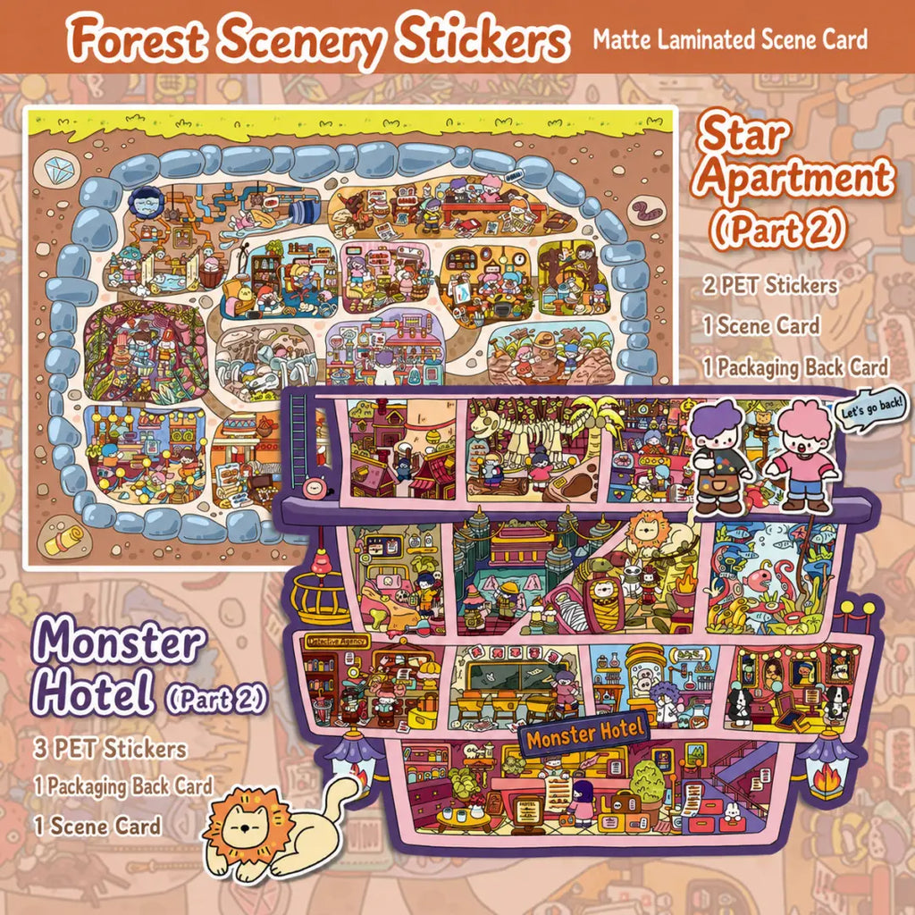 Product overview showing Monster Hotel and Star Apartment forest scenery sticker kits with PET stickers and scene cards