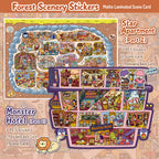 Product overview showing Monster Hotel and Star Apartment forest scenery sticker kits with PET stickers and scene cards