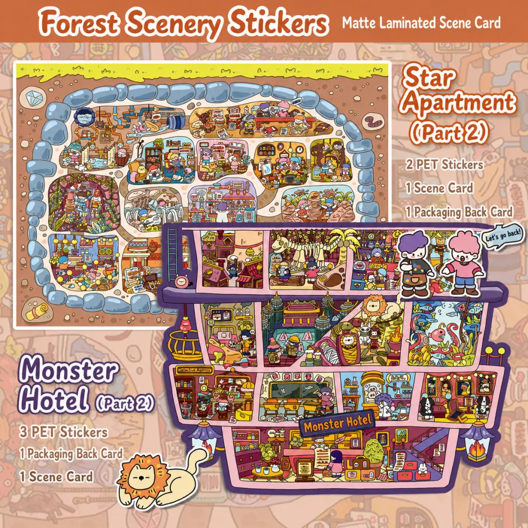 Product overview showing Monster Hotel and Star Apartment forest scenery sticker kits with PET stickers and scene cards