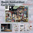 Moonlit Hundred-Ghost Curio Town 3D scene sticker kit showing finished preview, backdrop card, PET sticker sheets, and scene card