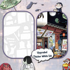 Close-up comparison showing the thicker white ink effect on Moonlit Hundred-Ghost Curio Town scene stickers