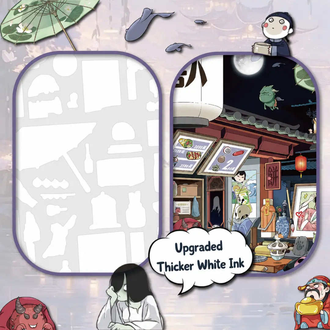 Close-up comparison showing the thicker white ink effect on Moonlit Hundred-Ghost Curio Town scene stickers