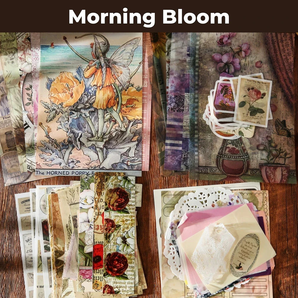 Morning Bloom Junk Journal Kit flat lay showing the coordinated papers, ephemera, stickers, and craft embellishments included in the set