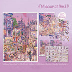 Moscow at Dusk scene sticker kit with pink evening street scene card, glossy die-cut sticker sheets, guide card and helper sticker sheet