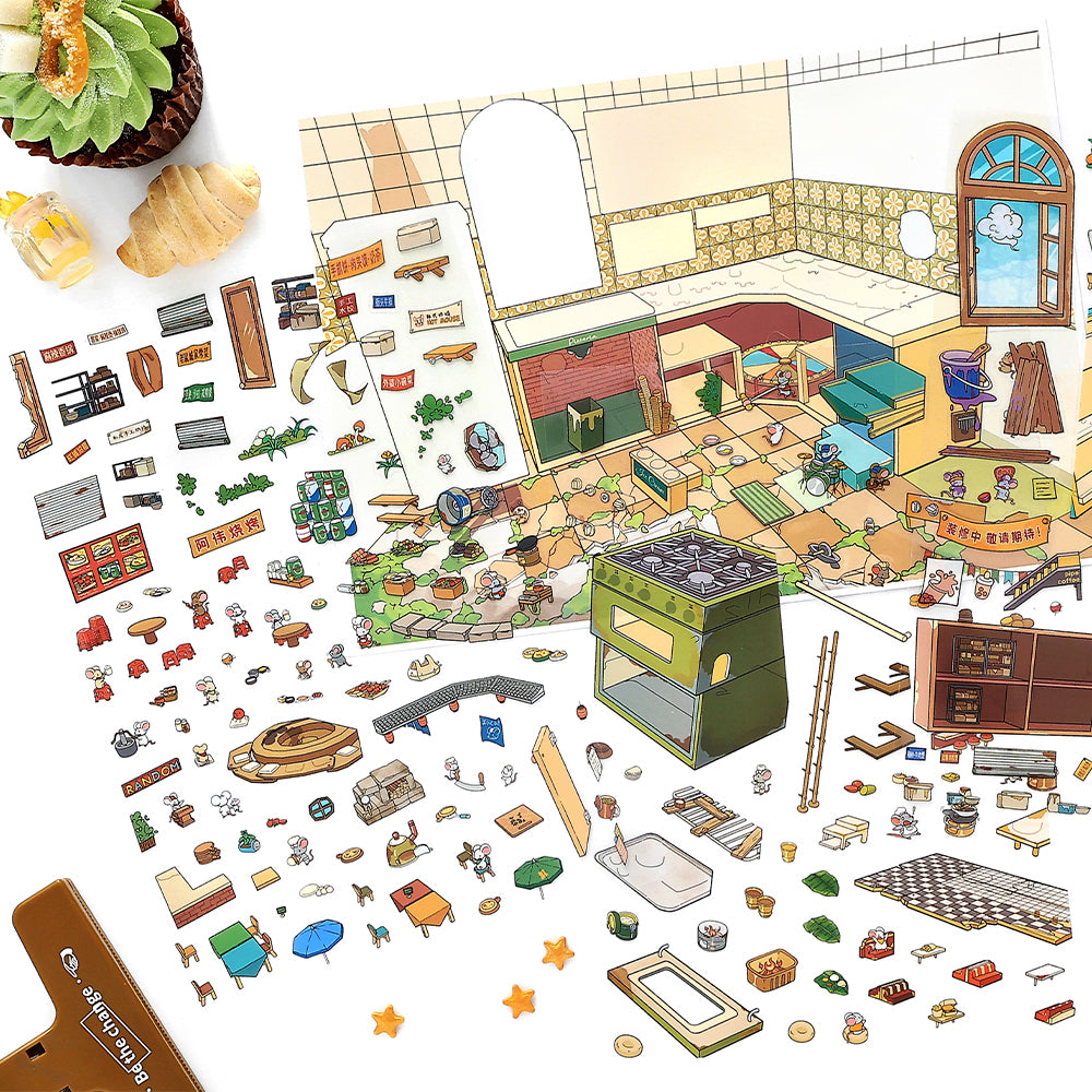 Mouse Food Street 3D Scene Sticker Kit with scene card and detailed PET sticker pieces