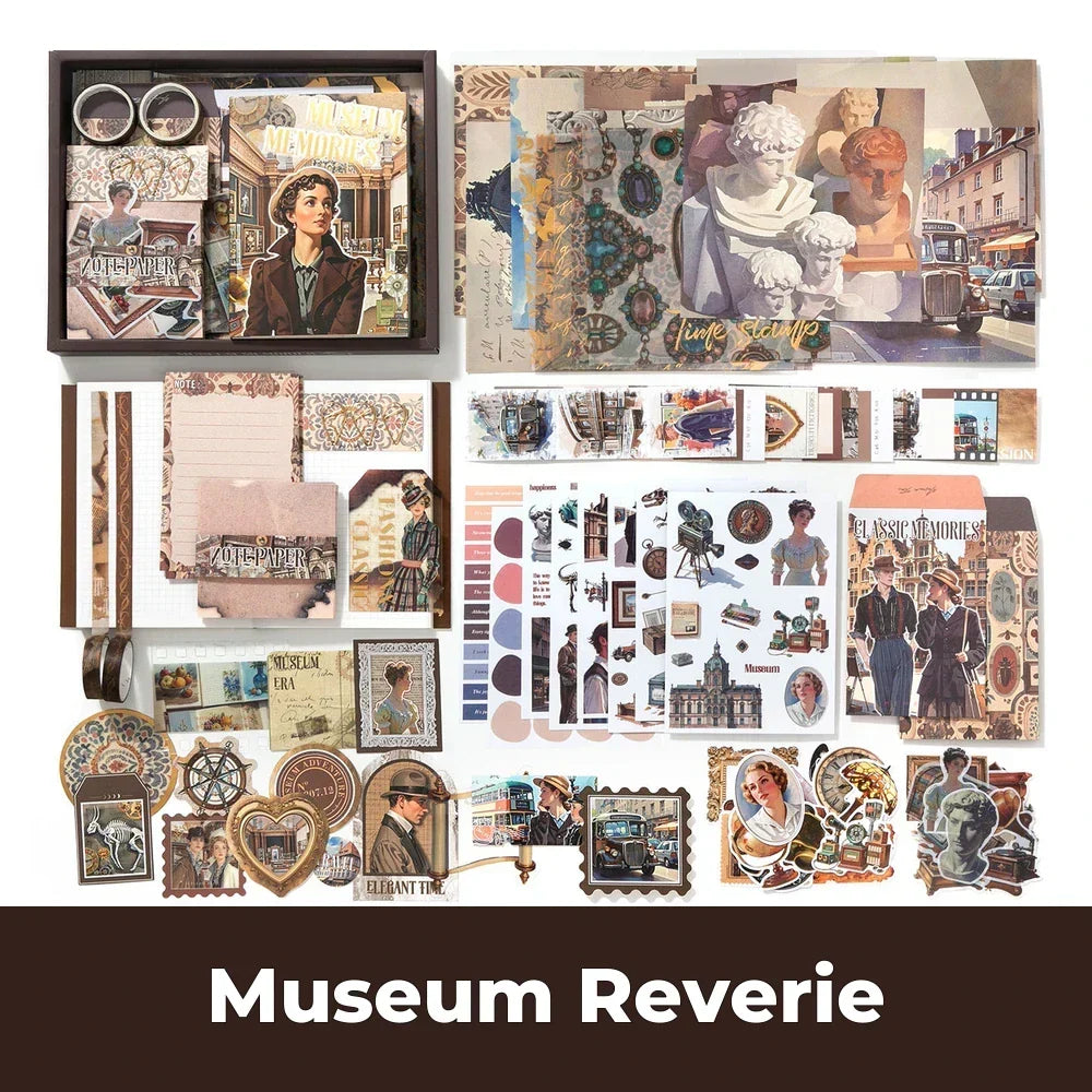 Museum Reverie Junk Journal Kit flat lay showing the coordinated papers, ephemera, stickers, and craft embellishments included in the set