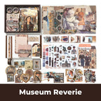 Museum Reverie Junk Journal Kit flat lay showing the coordinated papers, ephemera, stickers, and craft embellishments included in the set